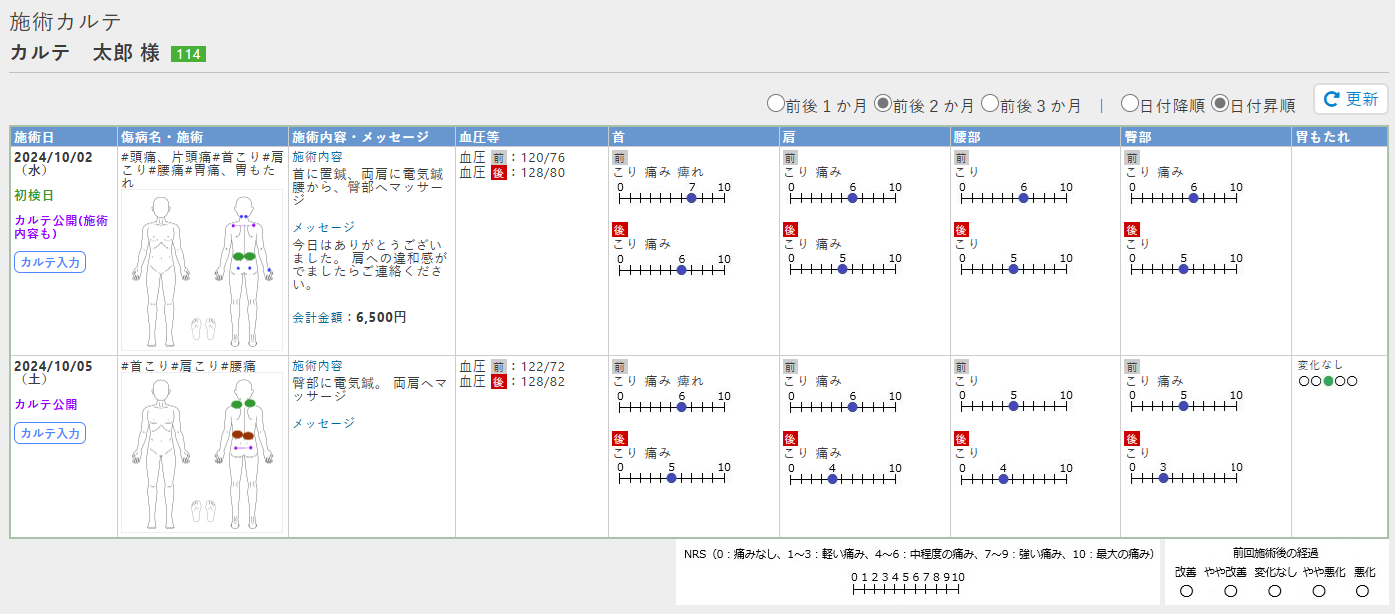 電子施術カルテ表示画面1